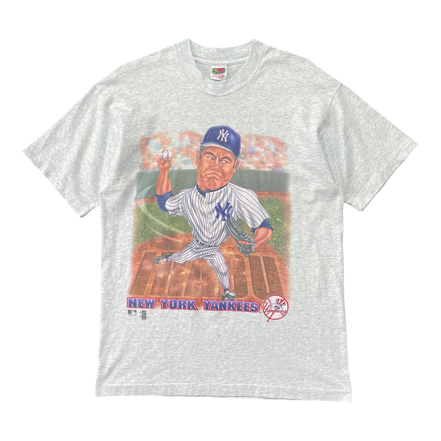 USA 古着 90S MLB ニューヨークヤンキース 伊良部秀輝 ヴィンテージ Tシャツ プリント メンズL グレー シングルステッチ BA5576