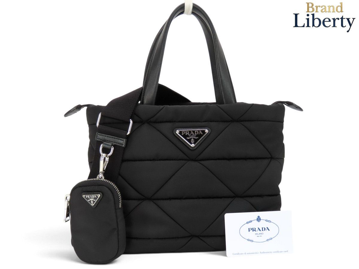 【美品】プラダ PRADA テスート スモール パデッド キルティング ナイロン トートバッグ 2WAY ハンドバッグ ショルダーバッグ ポーチ付き NERO ブラック ナイロン レザー 1BG373
