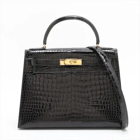 HERMES エルメス セリエ ケリー28 ハンドバッグ クロコダイル ブラック 2way ゴールド金具 外縫い 〇G刻印