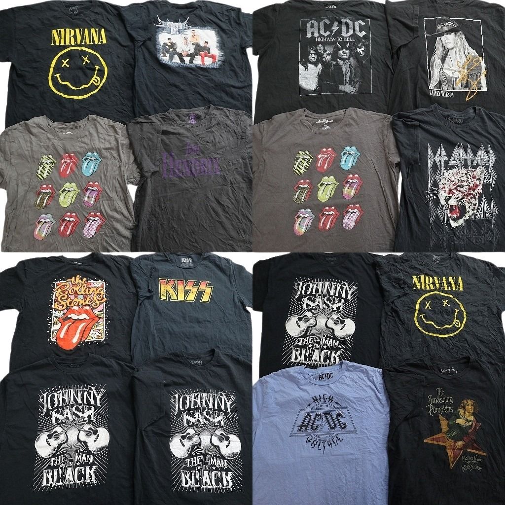 古着卸 まとめ売り 音楽・バンド Tシャツ 16枚セット ( メンズ 2XL ) AC/DC ニルヴァーナ ジョニーキャッシュ KISS 中古 古着 NE7785