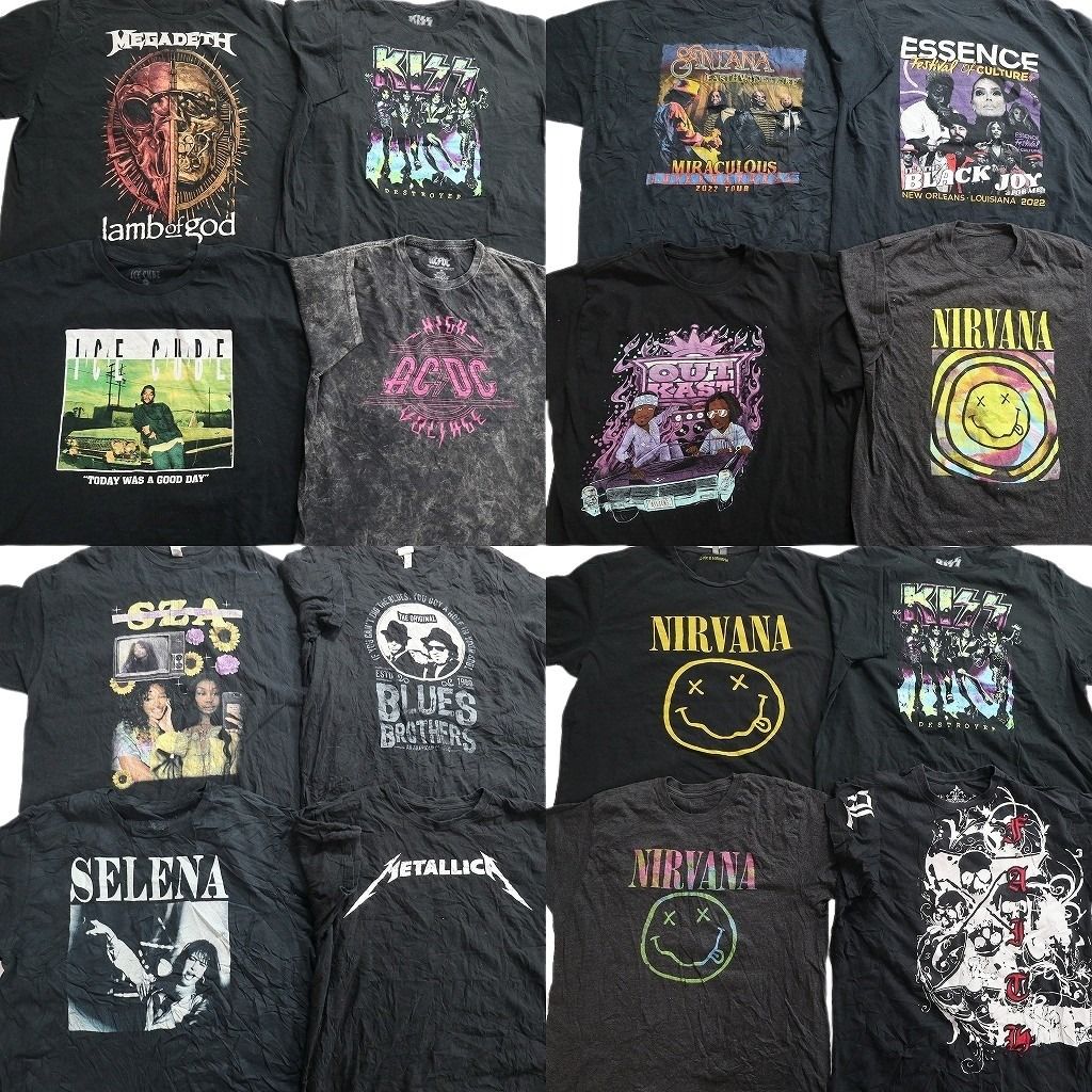 古着卸 まとめ売り 音楽・バンド Tシャツ 16枚セット ( メンズ 2XL/3XL ) アイスキューブ AC/DC KISS ニルヴァーナ セレーナ 中古 NE7796