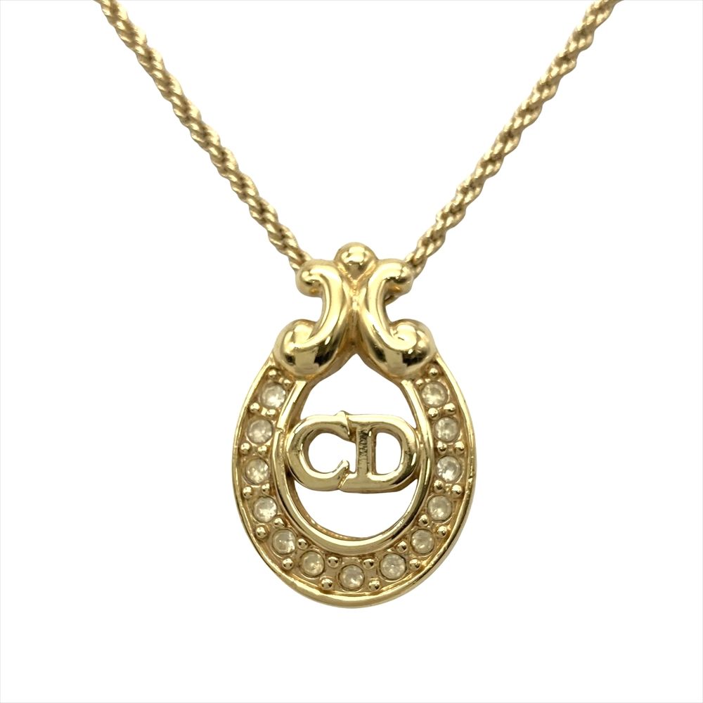 クリスチャンディオール Christian Dior CDロゴ ラインストーン ネックレス メタル ゴールド オーバル【中古】
