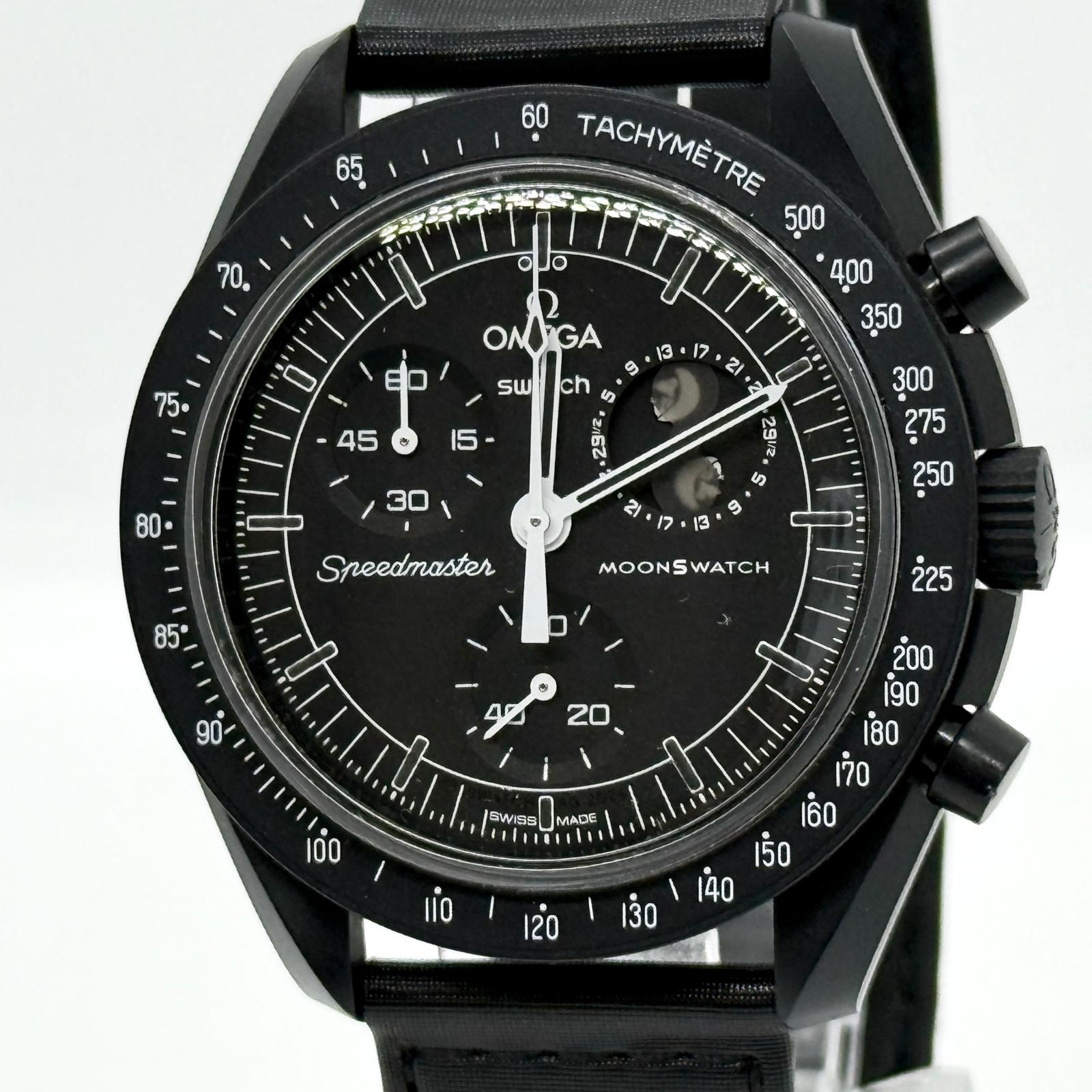 OMEGA オメガ ×スウォッチ スピードマスター ミッション トゥ ザ ムーンフェイズ ニュームーン スヌーピー SO33B700 ブラック QZ メンズ 腕時計 稼働品