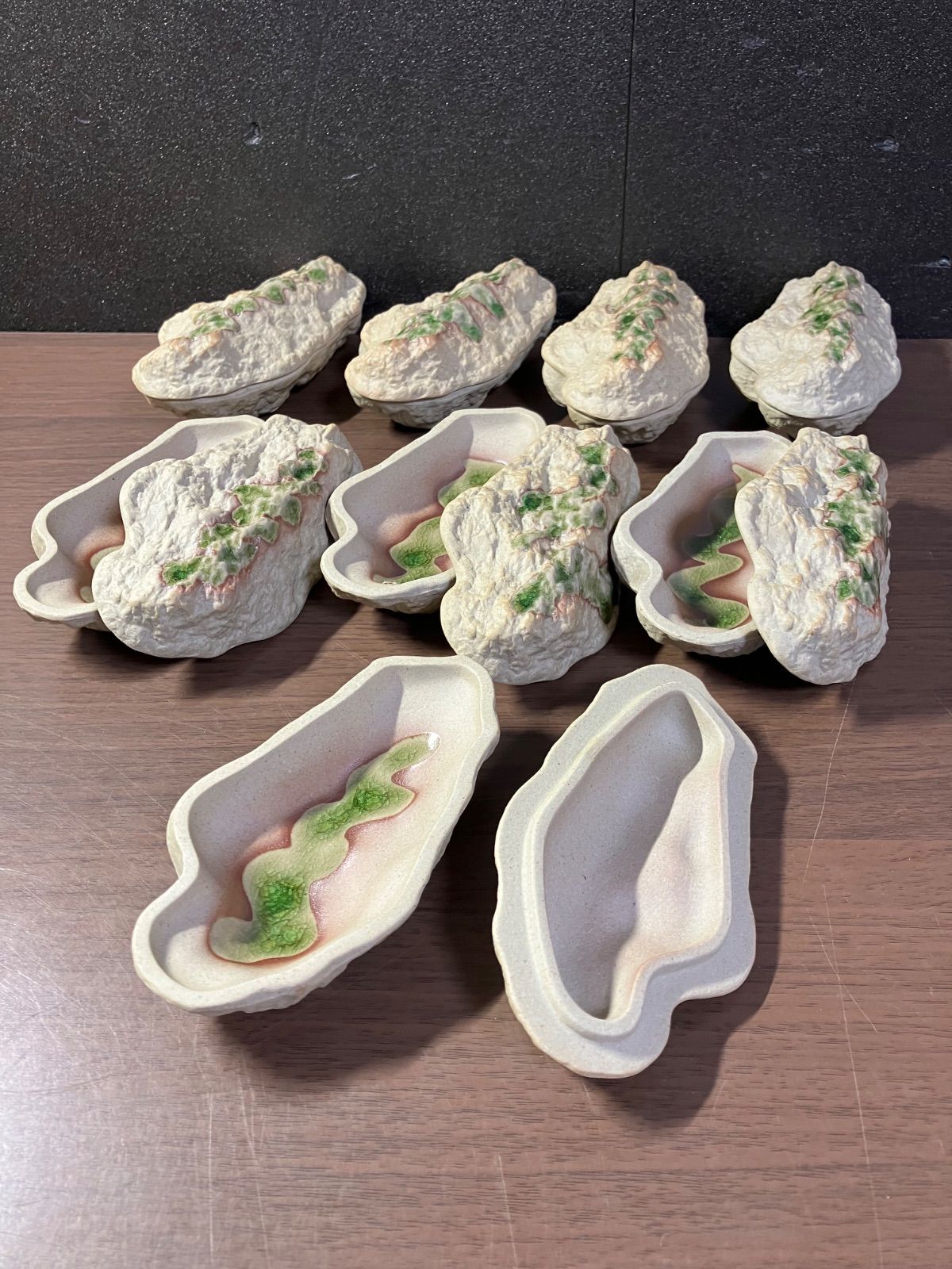 【珍品】灰釉流し牡蠣モチーフ蓋物小鉢8点セット