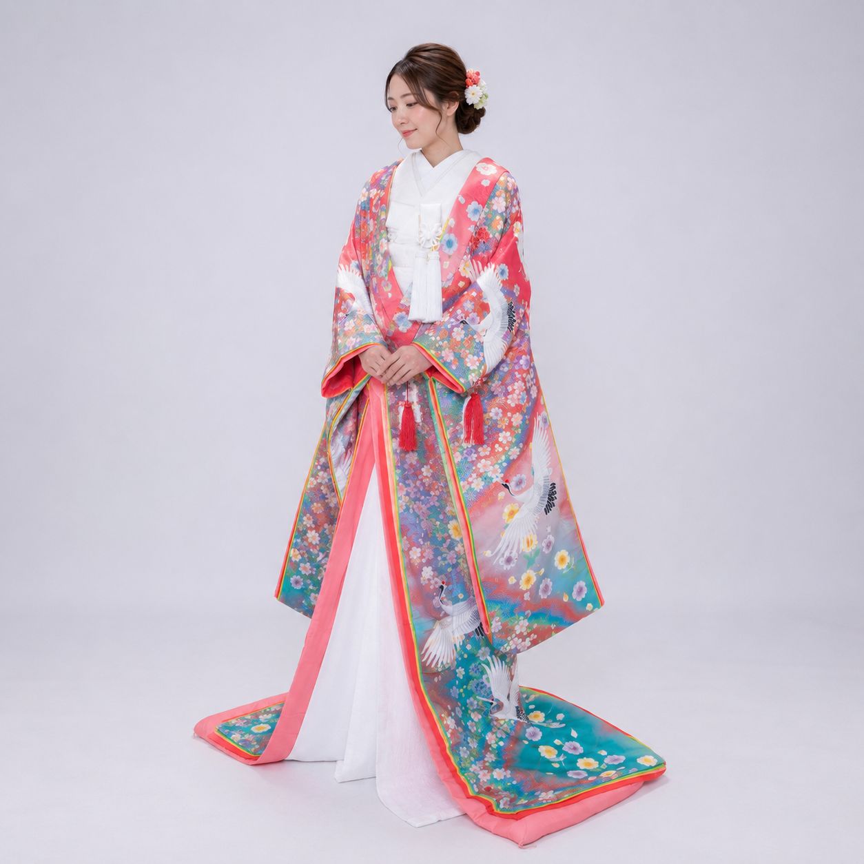 色打掛　桜　刺繍花束　銀ラメ　婚礼　花嫁衣装　④ 色打掛桜刺繍花束銀ラメ婚礼花嫁衣装④