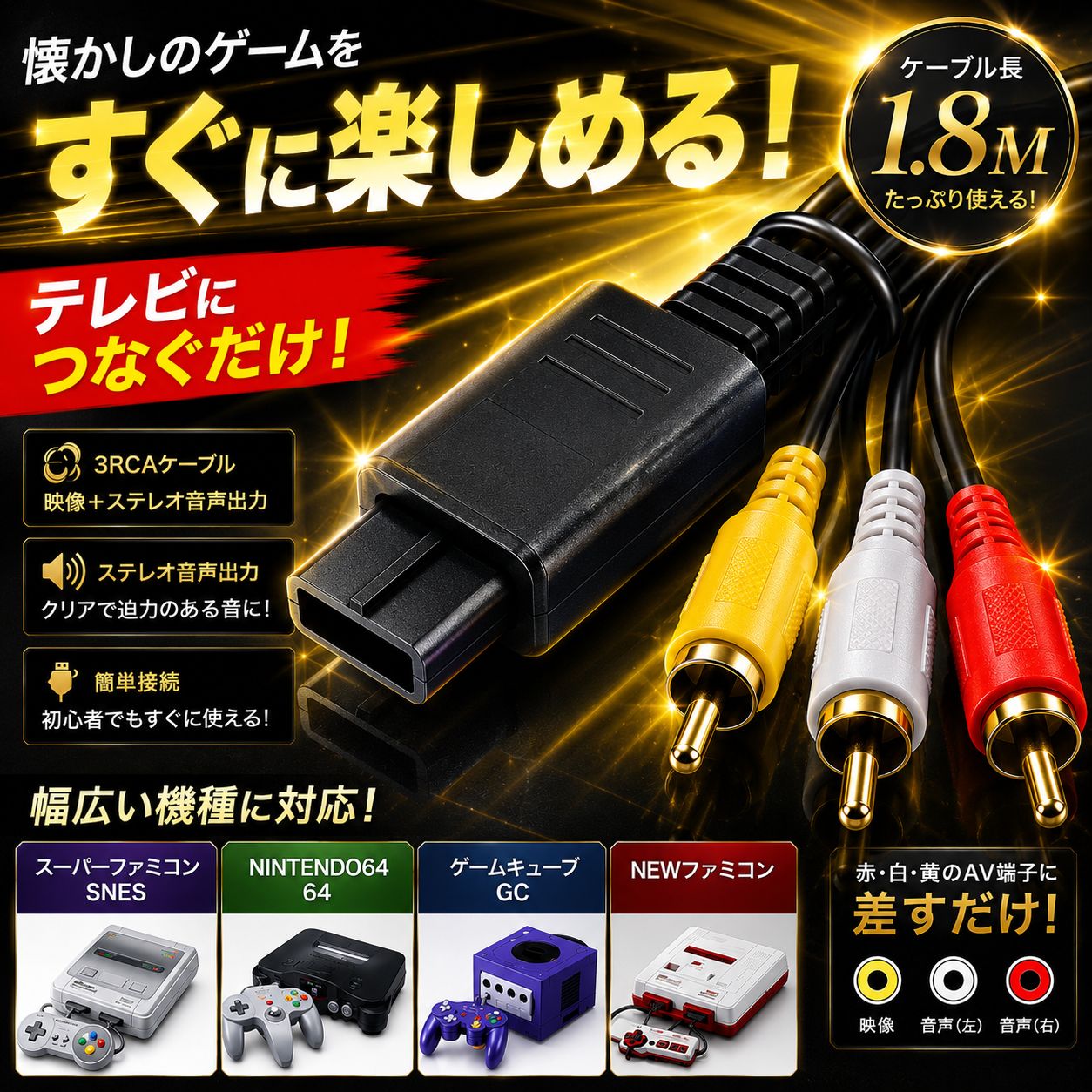 ファミコンケーブル AVケーブル 赤白黄色ケーブル ニンテンドー64 