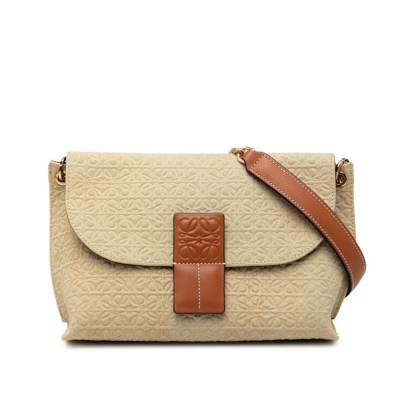 ロエベ アナグラム アベニュー 斜め掛け チェーン ショルダーバッグ ベージュ キャンバス レザー レディース LOEWE【1-0267325】