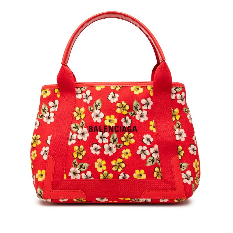 バレンシアガ ネイビーカバス フラワーモチーフ トートバッグ ハンドバッグ 339933 レッド キャンバス レザー レディース BALENCIAGA【1-0267334】