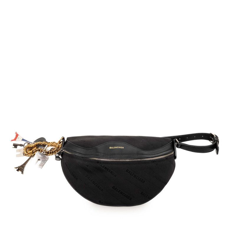 バレンシアガ スーベニア XS ボディバッグ チェーン チャーム ショルダーバッグ ブラック キャンバス レザー メンズ BALENCIAGA【1-0268047】