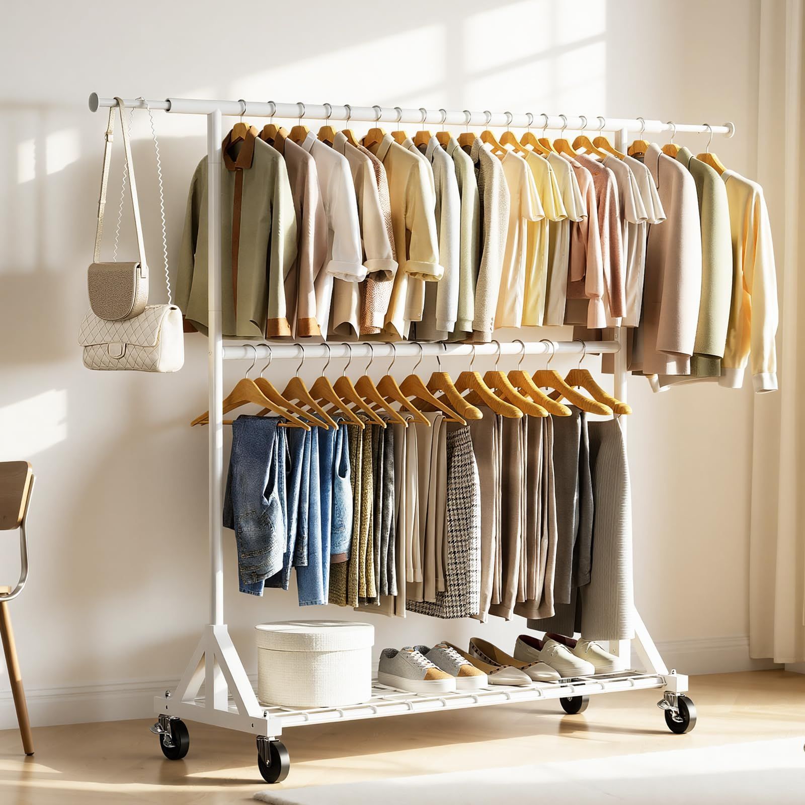 【特価セール】ハンガーラック 頑丈 2段収納 Luxspire 洋服ラック 大容量 キャスター付き スチールラック ハンガー 縦横伸縮 高さ伸縮 幅120-170cm 高さ162.5-185.5cm 下棚付き 洋服掛け おしゃれ 衣類収納 収納力あり スッキリ