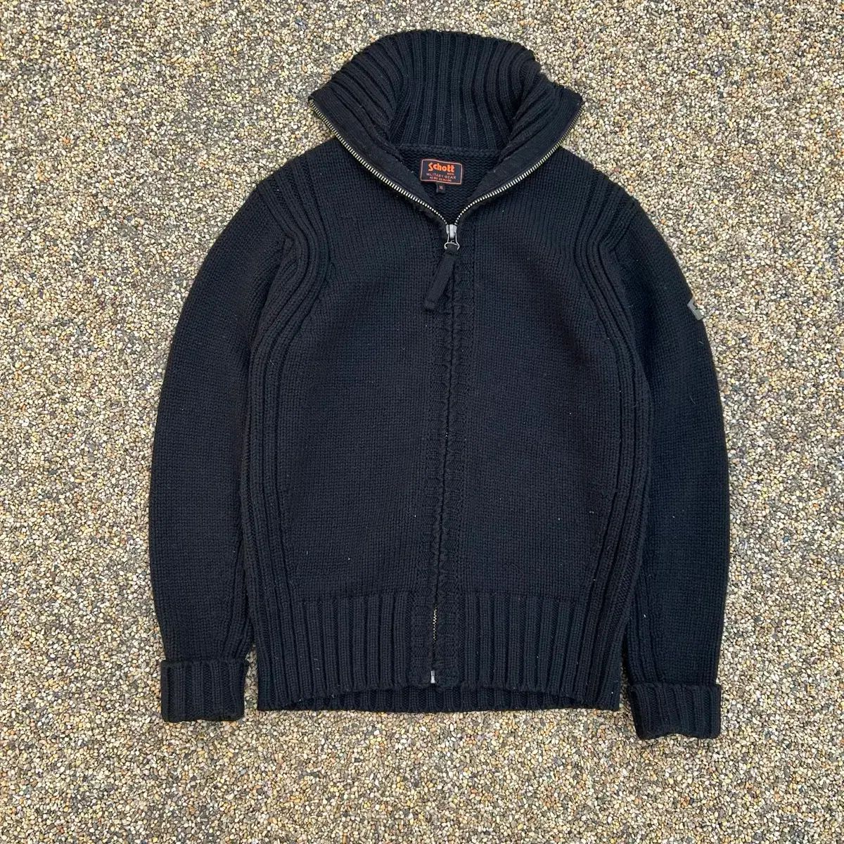 Schott ヘビーニット ブラック ジップアップカーディガン