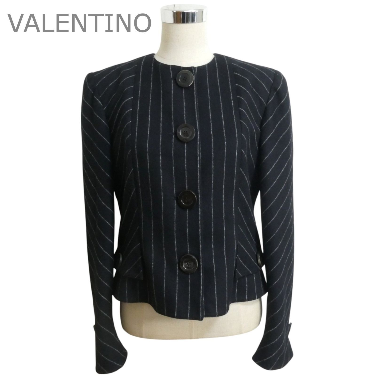 美品 VALENTINO ヴァレンティノ デザイン ノーカラージャケット カシミヤミックス ストライプ柄 サイズ12 レディース