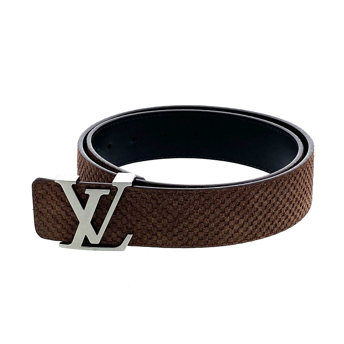 LOUIS VUITTON ルイ・ヴィトン マイクロダミエ サンチュール LV イニシアル ベルト M6876 メンズ スウェード レザー ブラウン シルバー金具 中古