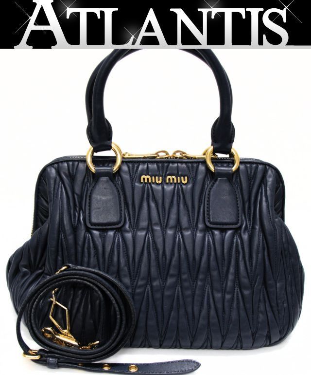 美品 miumiu ミュウミュウ マテラッセ 2WAY ハンドバッグ レザー ネイビー 【74610】