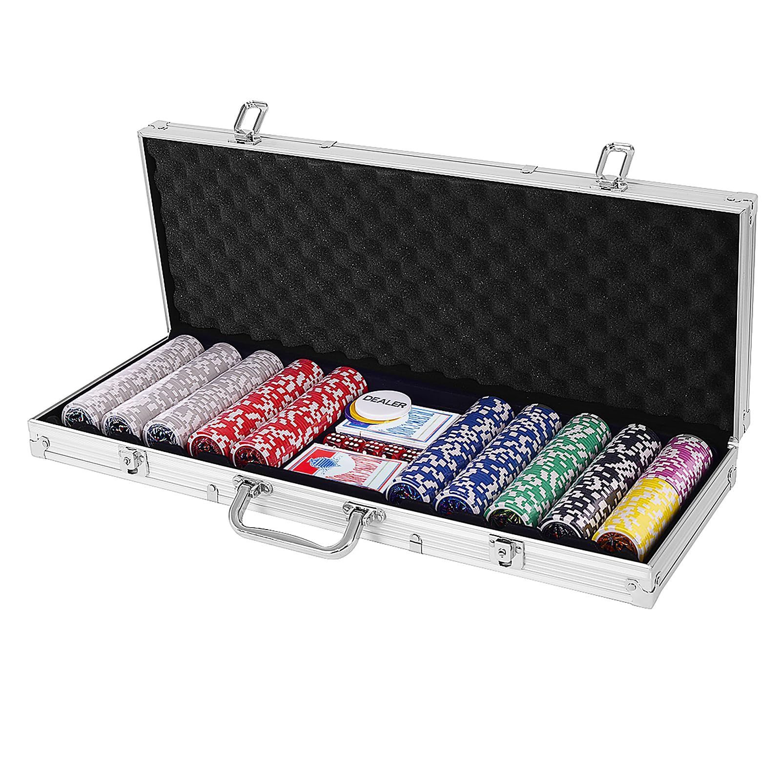 【特価セール】GIANTEX ポーカーチップ 500枚 7色 数字入り カジノ11g ポーカーセット アルミケース 鍵付き ポーカーマット付き ダイス5個 ボタン3個 トランプ2組 カジノチップ チップセット テキサスホールデム対応 家遊び (11g500枚数