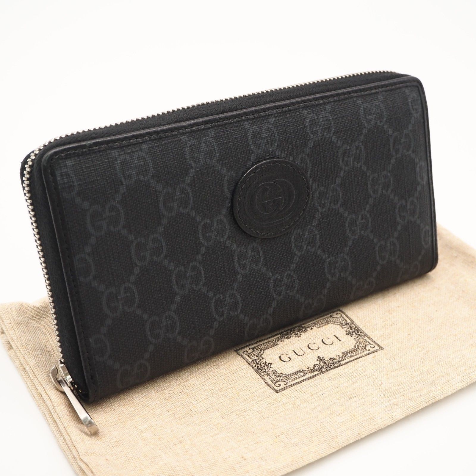 ★3日以内返品可★ 美品 GUCCI グッチ GGスプリーム インターロッキングG ジップアラウンド ウォレット 673003 長財布 ブラック グレー コーティングキャンバス レザー メンズ