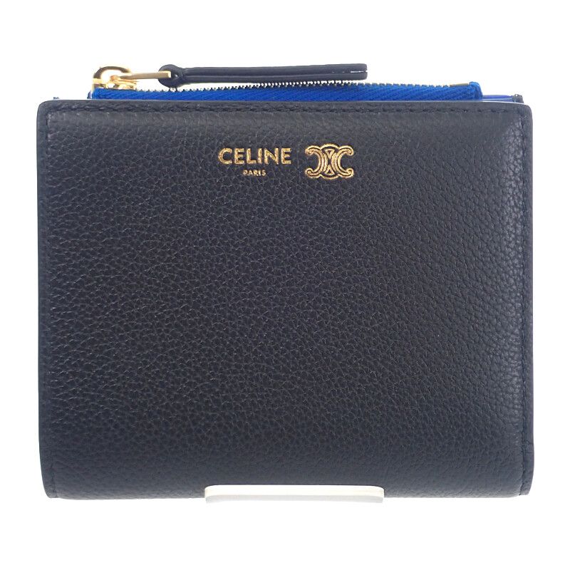 セリーヌ CELINE コンパクト ウォレット 保存箱付属 L100H2O54.GFS3 二つ折り財布 カーフ ブラック ブルー ゴールド金具 レディース【中古】【Aランク】