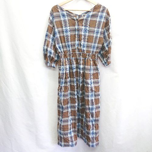 ◇ natural couture ナチュラルクチュール チェック柄 長袖 ロング丈 ワンピース サイズF ブラウン ネイビー レディース E 【1406050058364】