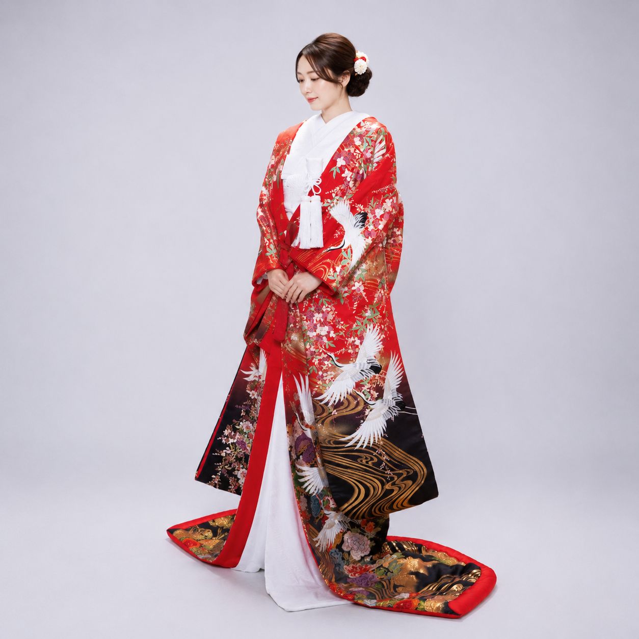 色打掛 赤金 花柄 鶴柄 15 婚礼用 色打掛 赤 黒 金彩 鶴柄 桜柄 古典柄 花嫁和装 打掛 前撮り