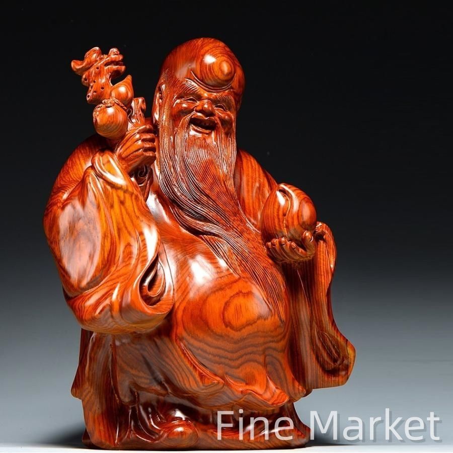 木彫仏像 七福神 置物 福禄寿 木像 木製フィギュア 黄花梨 花梨木 高級天然カリン材 神像 仏像コレクション 木彫り置物 (高さ：15cm)