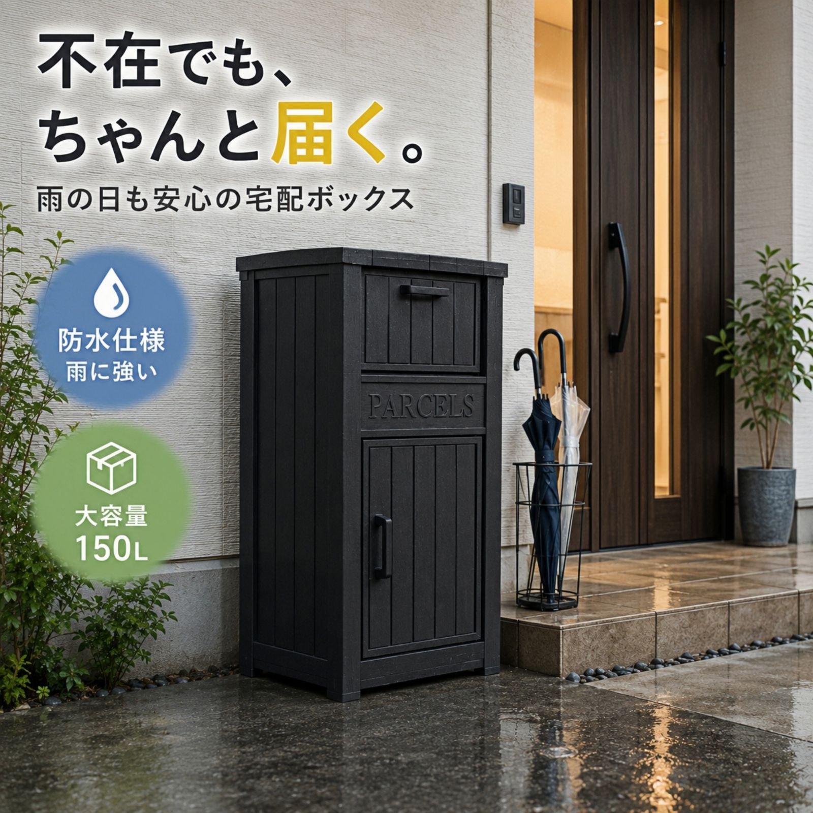 【梅雨対策×大容量150L】宅配ボックス 置き配ボックス 屋外 防水 おしゃれ 木目調 戸建て対応 防犯 不在受取OK 再配達対策 玄関収納 屋外収納庫 ストッカー 鍵穴付き ポスト一体風 ブラック系