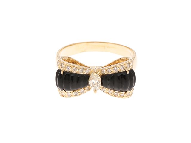 JEWELRY　貴金属・宝石　オニキスリング　ダイヤモンド　K18　ゴールド　15号　5.3g　D0.35ct　リボン　2143400239989　【200】