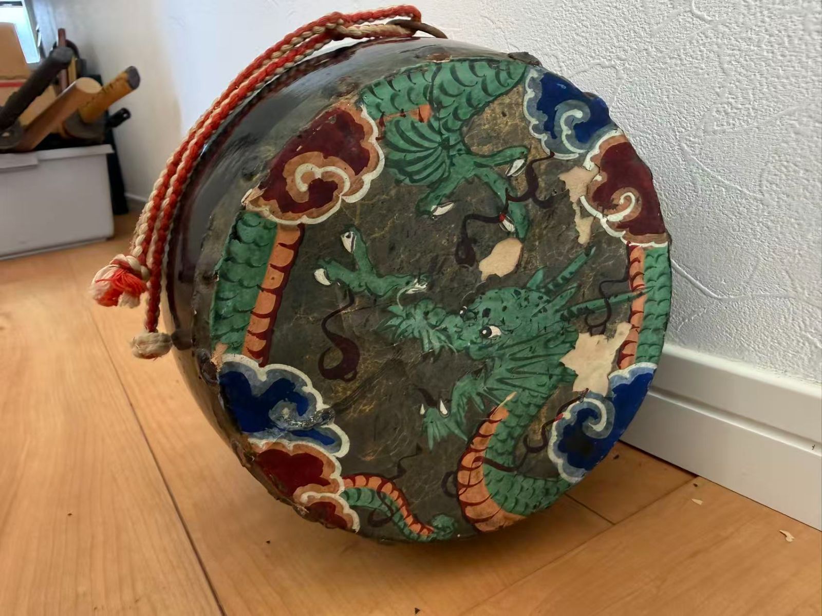 和太鼓 宮太鼓 龍神彩色図 雅楽 祭礼 骨董