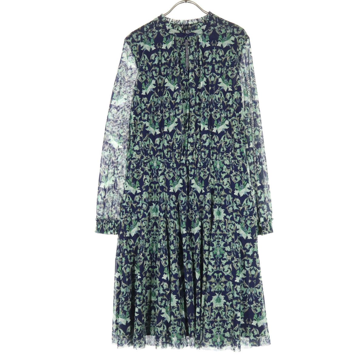 美品 VIVIENNE TAM ヴィヴィアンタム 植物柄 長袖 シアー袖 チャイナボタン フリルカラー 膝丈ワンピース 42 グリーン系 レディース 古着