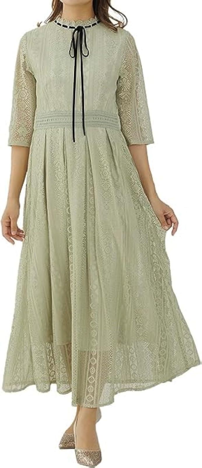 MORE AUNI パーティー ドレス 総 レース ワンピース 結婚式 2次会 春 夏 服 秋 冬 大人 オトナ キレイメ カワイイ 可愛い シフォン ブラック ホルター ネック 黒 フレア バック リボン (ミント / 77000031, L)