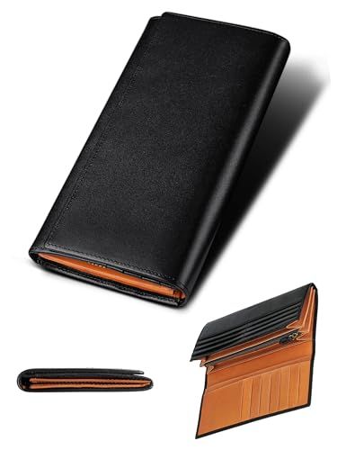 【新品】財布 メンズ レディース 長財布 2つ折り マチ付き 小銭入れ 薄い 大容量 カード21枚 使いやすい イタリアン レザー 一流の革職人が作る 本革 YKKファスナー (ブラック) e9905f3b