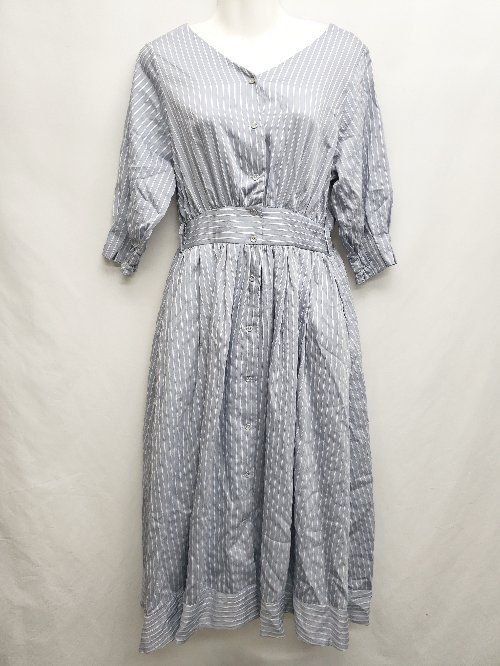 ◇ ◎ natural couture ストライプ 七分袖 膝下丈 ワンピース サイズF ブルー ホワイト系 レディース P 【1406180051617】