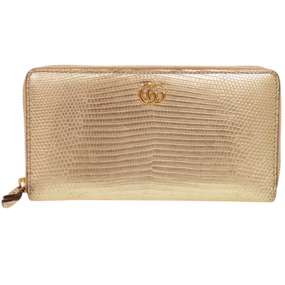 GUCCI グッチ　長財布 GGマーモント ダークブラウン レザー ゴールド金具 美品 グッチ ラウンドファスナー GGマーモント 長財布 リザード