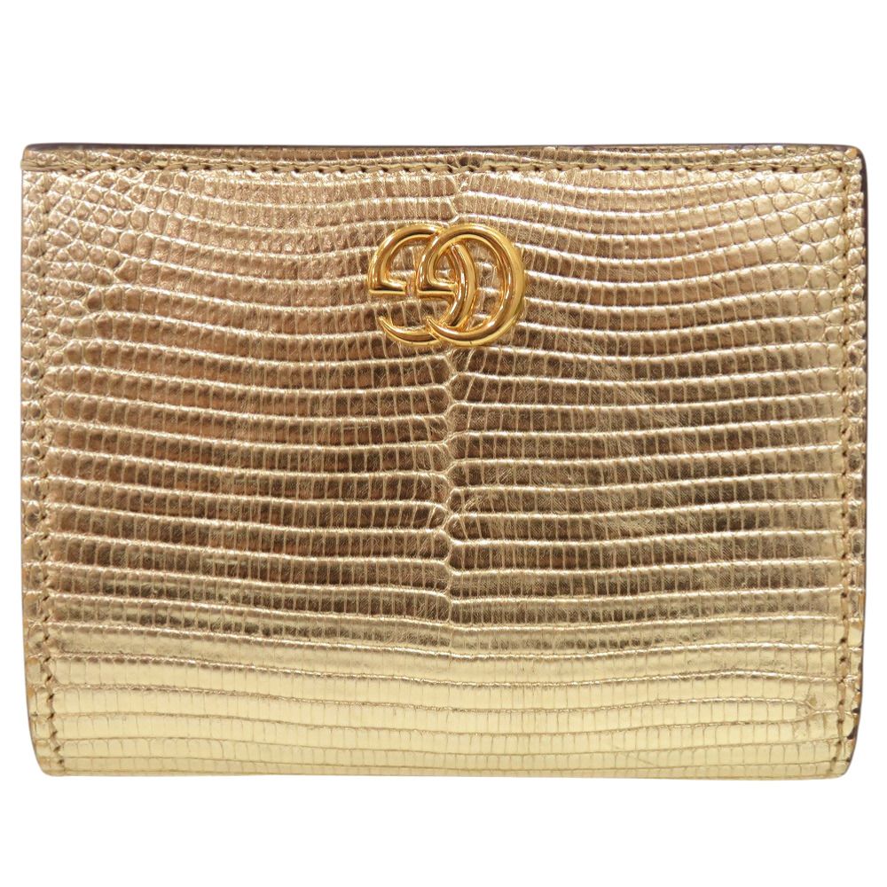 美品 グッチ GGマーモント 二つ折り財布 リザード ゴールド 1542 GUCCI