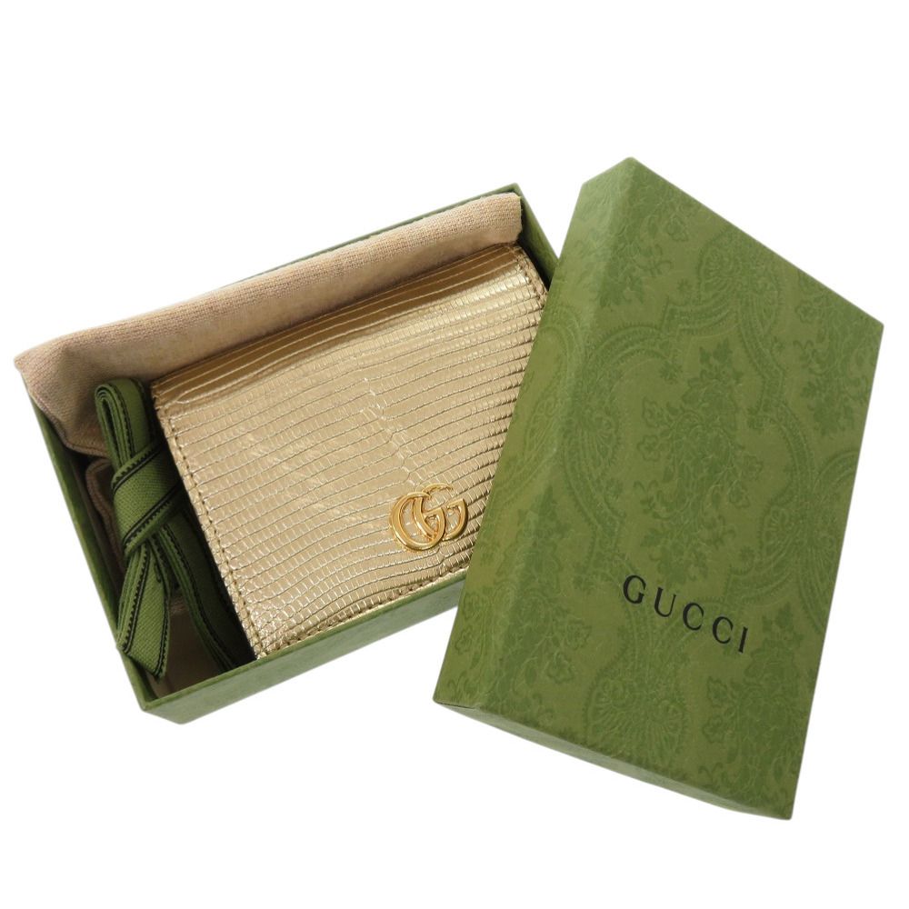 美品 グッチ GGマーモント 二つ折り財布 リザード ゴールド 1542 GUCCI
