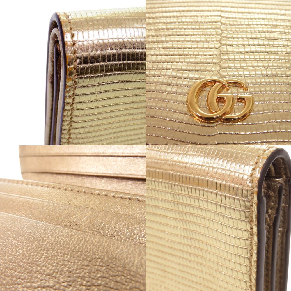美品 グッチ GGマーモント 二つ折り財布 リザード ゴールド 1542 GUCCI