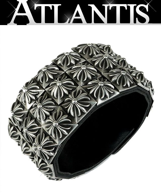 CHROME HEARTS 銀座店 クロムハーツ ゼロスタッズ トリプルピラミッド ロウ レザー ブレスレット メンズ シルバー SV925 黒 103373