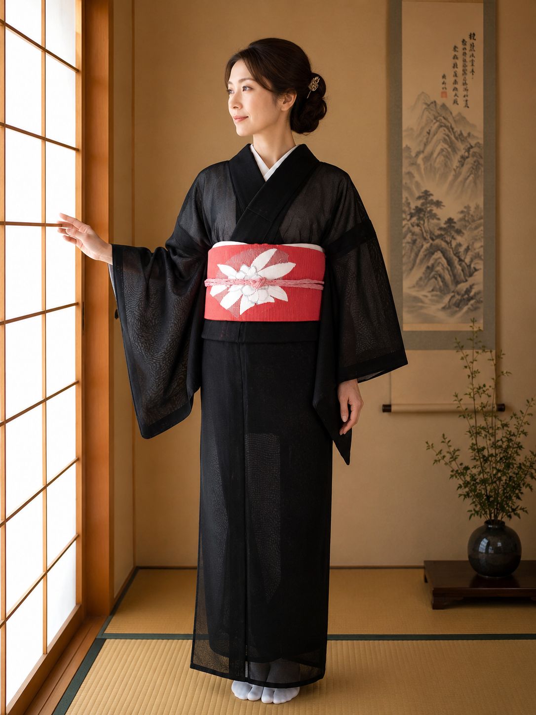 逸品 二重紗 夏小紋 艶めく黒×赤紫の縦縞模様 正絹 絽綴れ夏名古屋帯