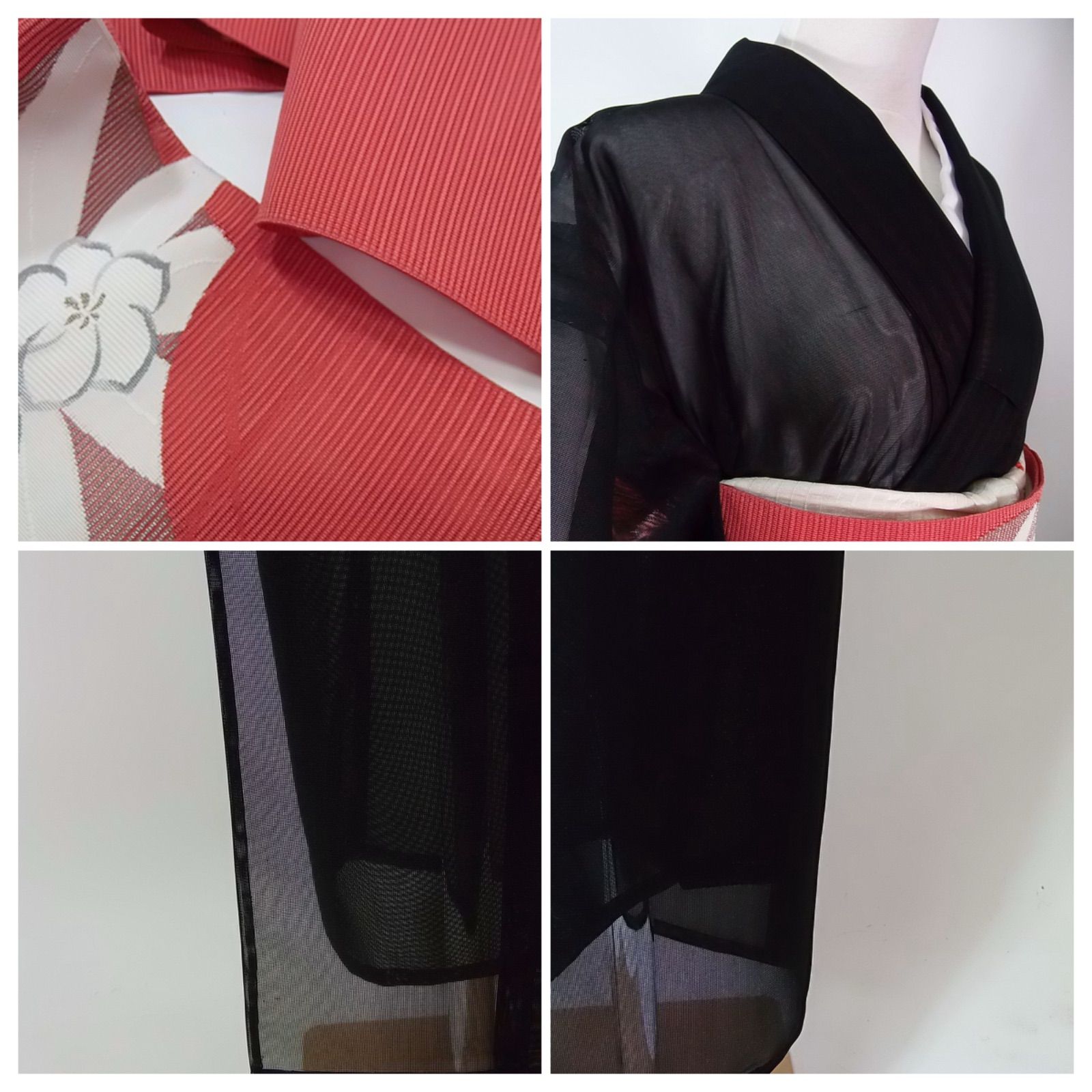 逸品 二重紗 夏小紋 艶めく黒×赤紫の縦縞模様 正絹 絽綴れ夏名古屋帯