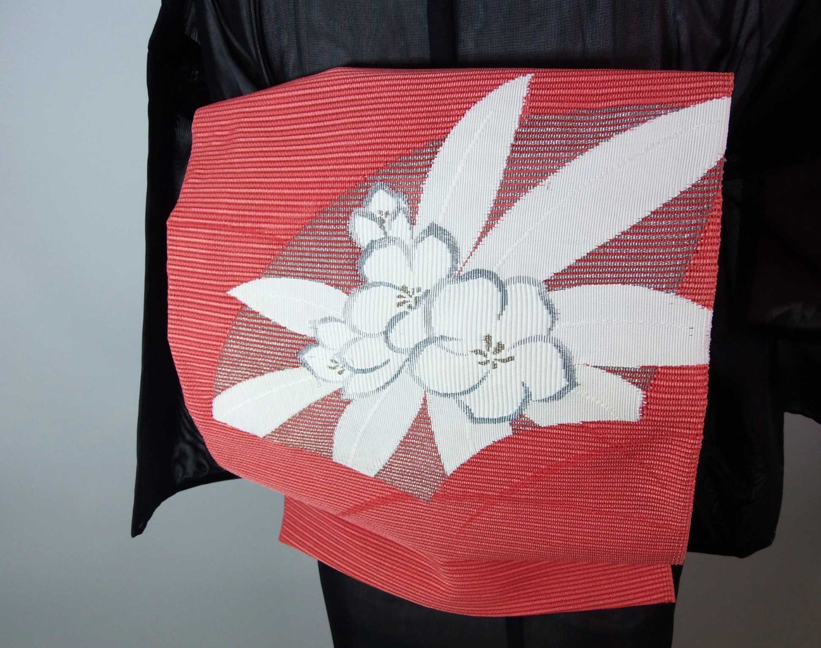 【専用】紗小紋【黒赤透け感×プランツ文様】名古屋帯セット/名古屋帯セット 逸品 二重紗 夏小紋 艶めく黒×赤紫の縦縞模様 正絹 絽綴れ夏名古屋帯