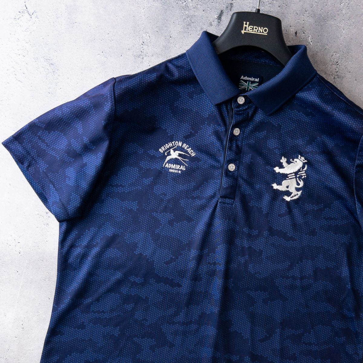 美品 Admiral GOLF アドミラル ゴルフ 吸汗速乾 ストレッチ 半袖 ポロシャツ カモフラ 迷彩 ランパント刺繍 メンズ LL (XL) 紺 ネイビー