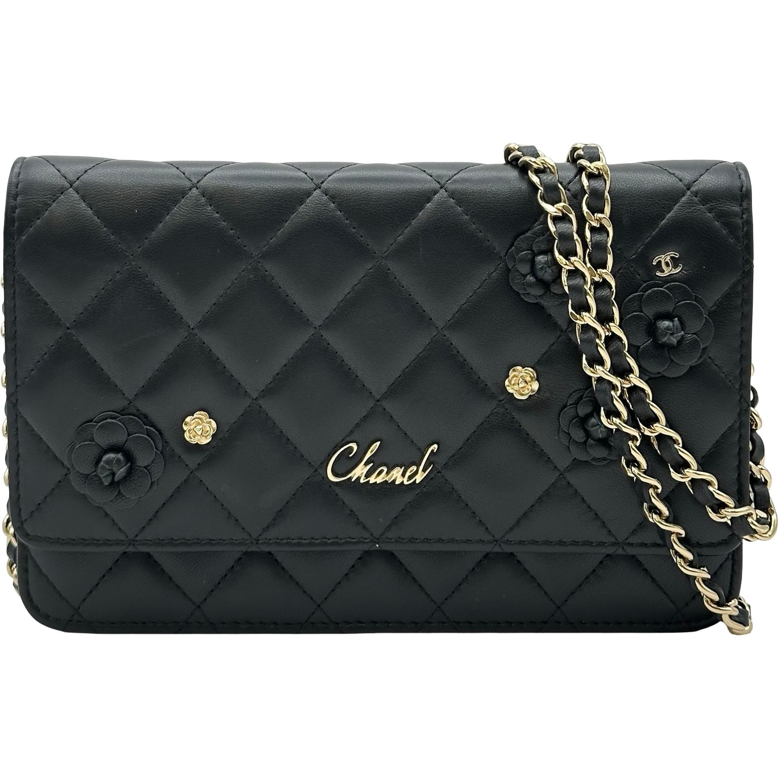 シャネル CHANEL カメリアチェーンウォレット AP0046 27番台 ブラック ゴールド金具 ラムスキン レディース ショルダーバッグ