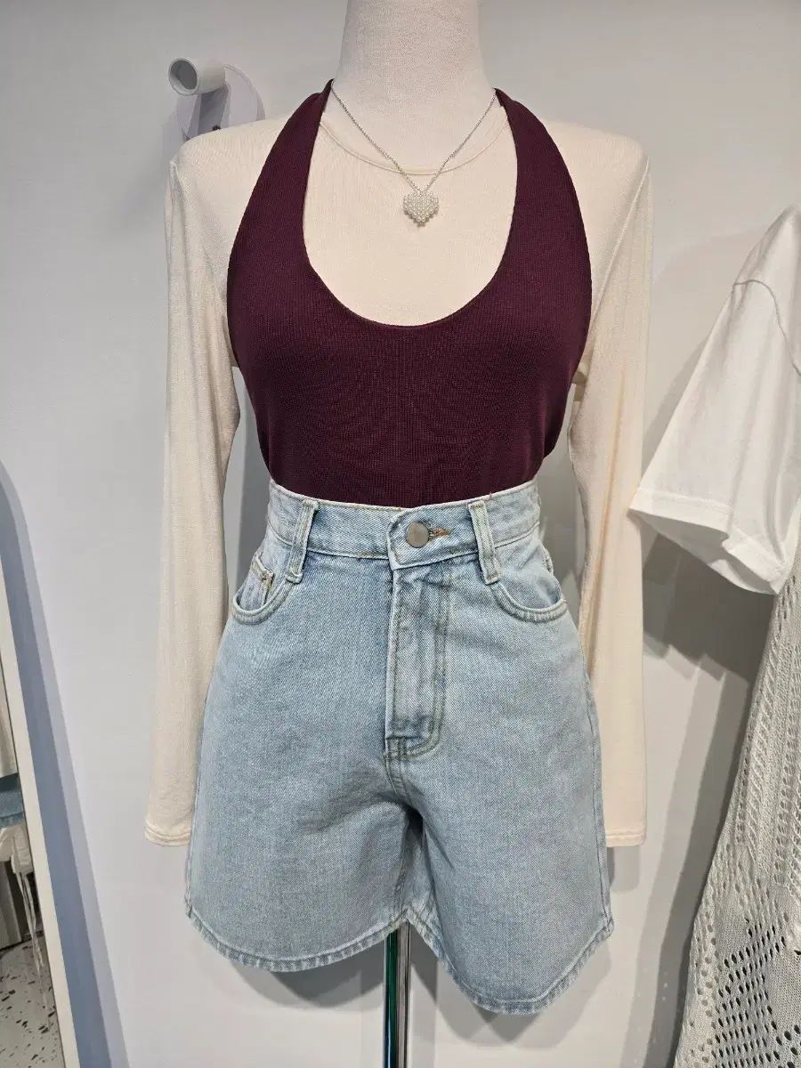 ホルターネック ロングスリーブ Tシャツ + デニム ハーフパンツ セット