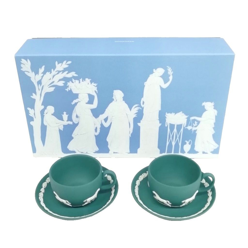 ウェッジウッド WEDGWOOD 中山競馬場 60周年記念 ホース ジャスパー カップ&ソーサー 2客セット グリーン 美品