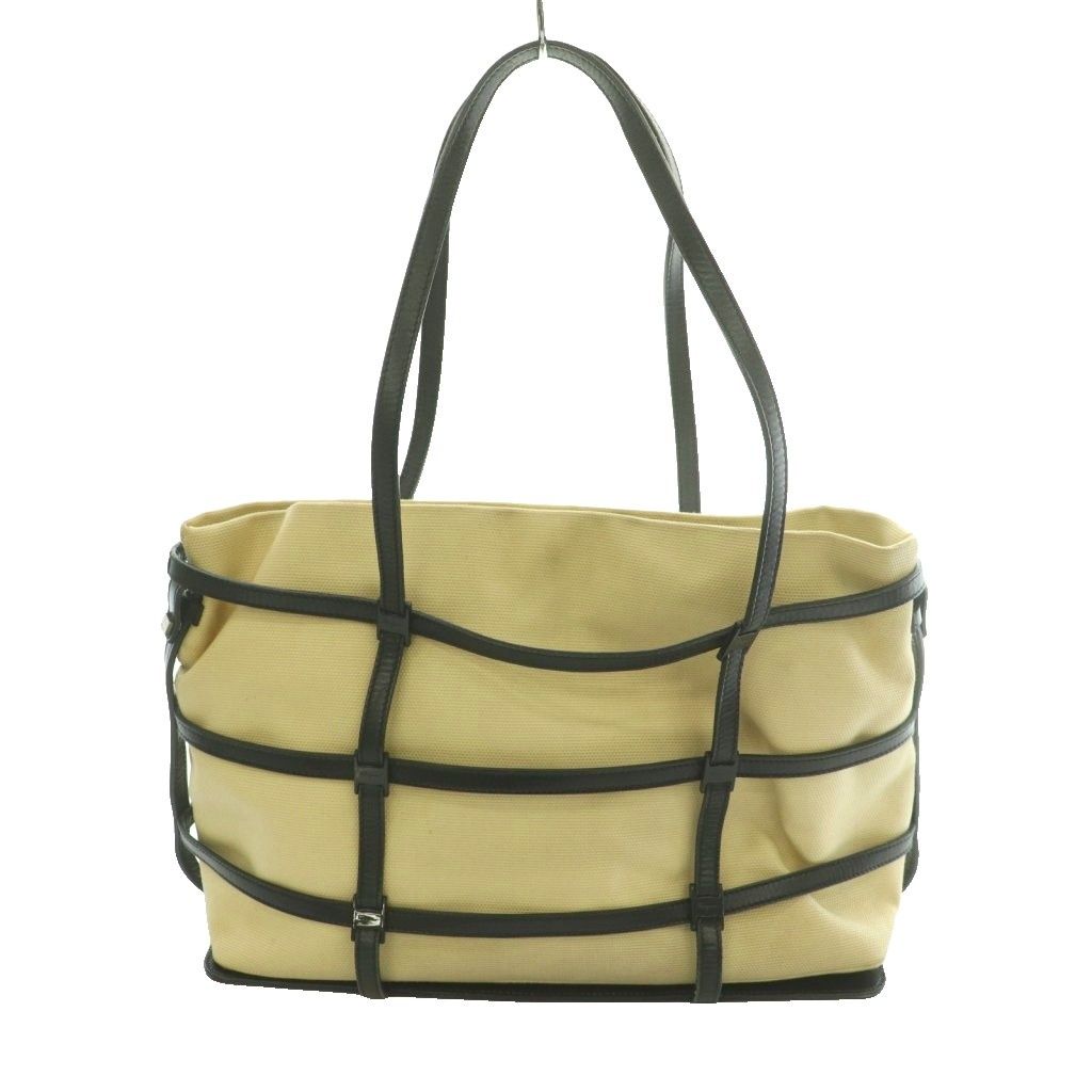 サルヴァトーレフェラガモ Salvatore Ferragamo ケージトートバッグ ハンド キャンバス レザー ベージュ 黒 ブラック /SS ■OS ■GY35