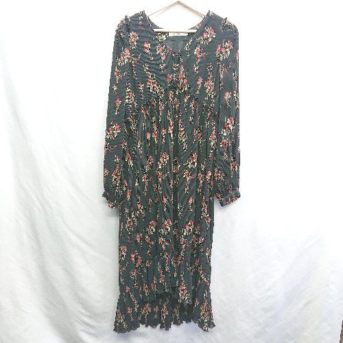 ■ MOUSSY 花柄 長袖 ロング丈 ワンピース サイズF ブラック レッド レディース E 【1406180103279】