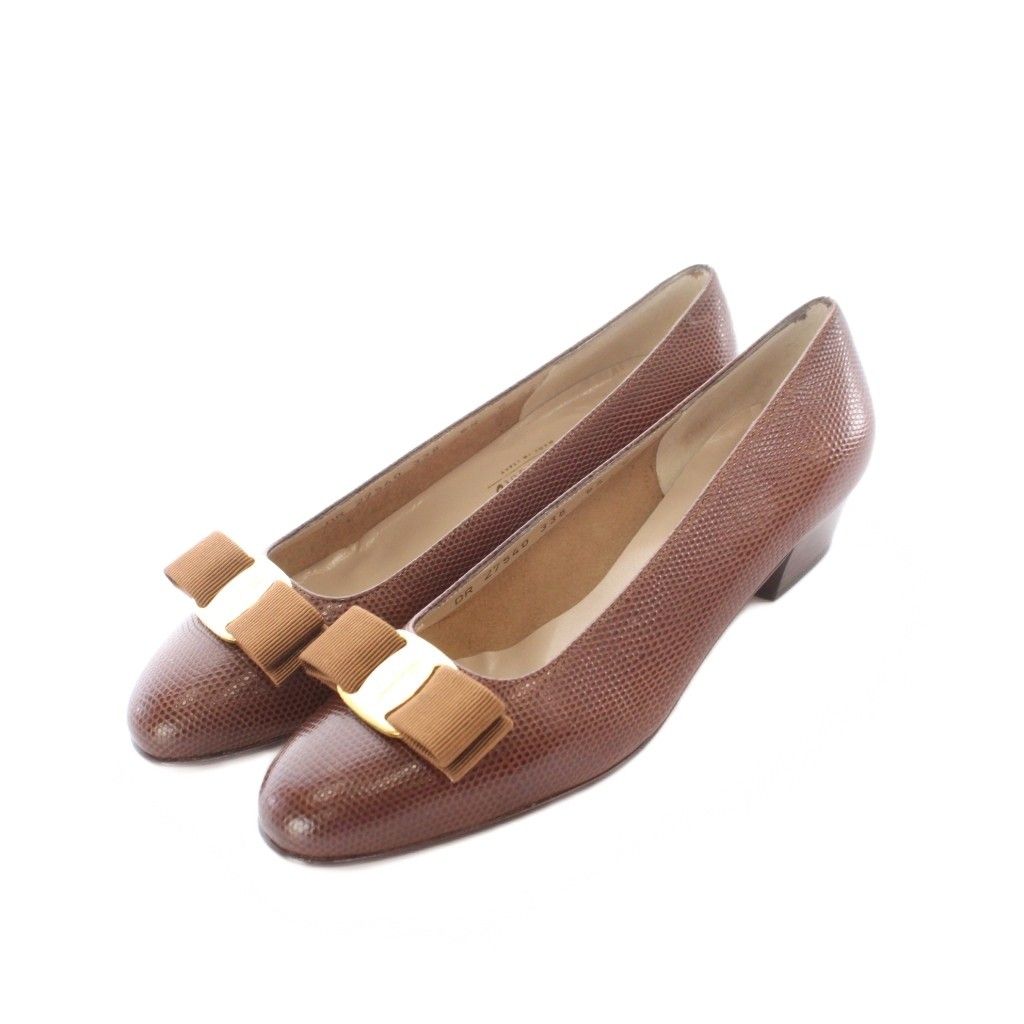 サルヴァトーレフェラガモ Salvatore Ferragamo ヴァラ Vara パンプス 6.5 24cm TAN リボン飾り 型押し ヒール /RI ■OS ■GY18 ■OH