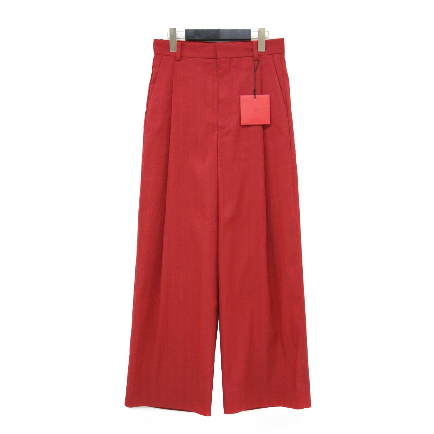【新品同様】TOMORROWLAND .B トゥモローランド ビー パンツ レッド サイズ:34(S) | 25春夏 リネンミックス ストライプ 1タック ワイドパンツ / スラックス ハイウエスト | ボトムス ズボン 日本製【レディース】【中古】