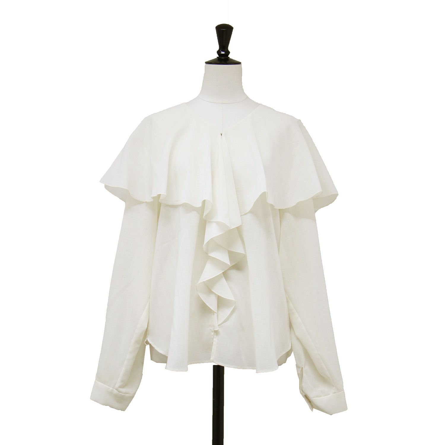 【新品】UNITED ARROWS ユナイテッドアローズ ブラウス オフホワイト 白 サイズ:FREE | 23秋冬 ビッグ ラッフル ブラウス / シャツ 長袖 Vネック ケープ フリル シアー くるみボタン ウール | トップス【レディース】