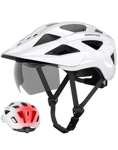InnerKing 自転車 ヘルメット CE認定品 CPSC規格品 LEDテールライト/磁気ゴーグル付き UVカット 耐衝撃 通気性 軽量 サイズ調整可能 大人・学生兼用 ロードバイク/オフロード/通勤/通学 男女兼用ma 1621150f