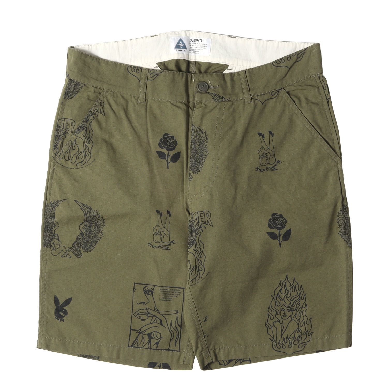 CHALLENGER チャレンジャー パンツ オリーブ サイズ:L | マルチグラフィック リップストップ ショーツ(FIRE LADY SHORTS) | ボトムス ショートパンツ【メンズ】【中古】